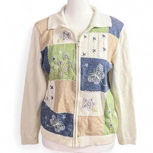 Alfred Dunner Vintage Patchwork Floral Butterfly Zip Sweater Petite Large